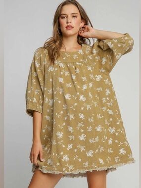 Umgee Boho White Floral Print Tan Denim Mini Dress Bellow Sleeves Size Medium